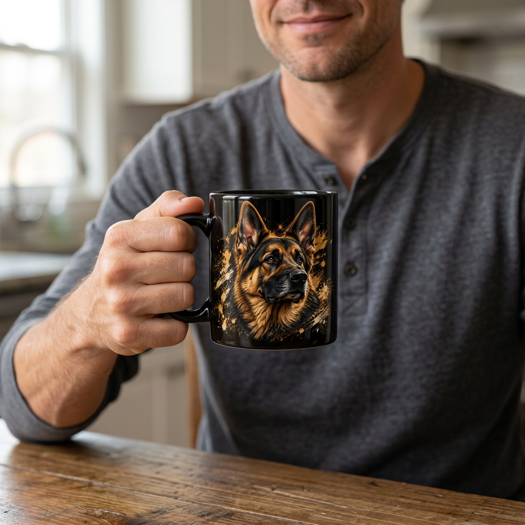 Man holding a black German Shepherd coffee mug.