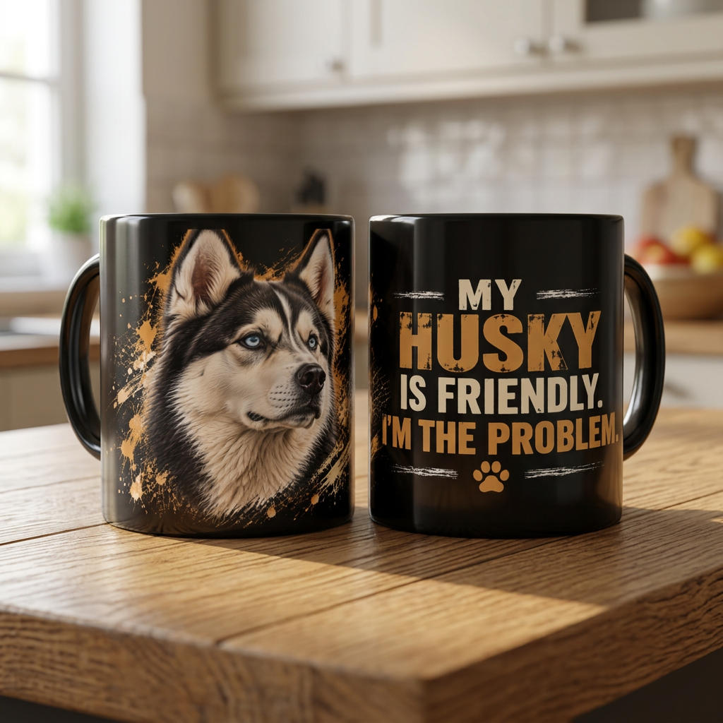 Husky coffee mug shown from both sides on a wooden table
