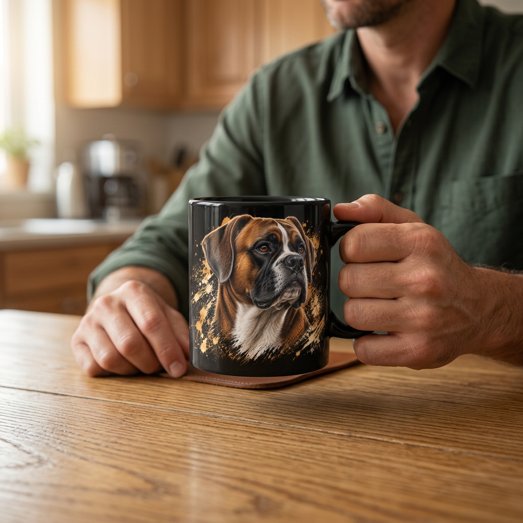 Man holding a black Boxer coffee mug