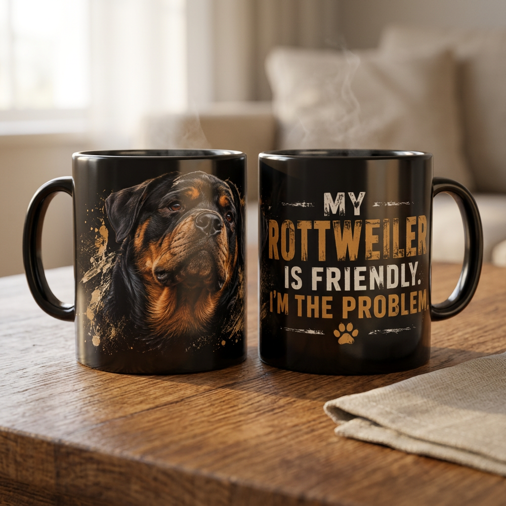 Rottweiler-mukin mockup lämpimässä kahvipöytäympäristössä