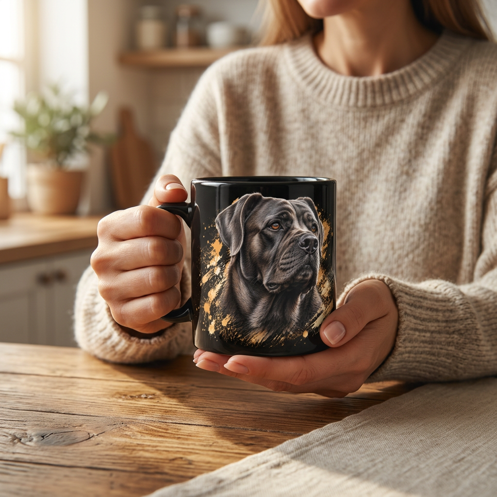 Woman holding a black Cane Corso coffee mug
