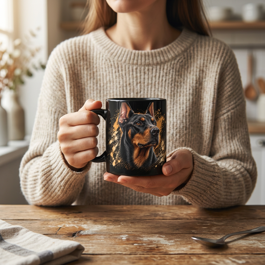 Woman holding a black Doberman coffee mug