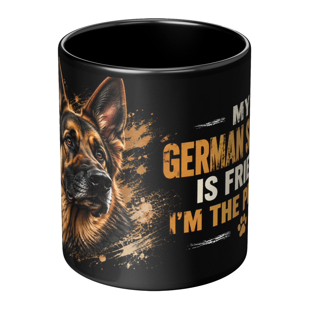 Angled view of a black German Shepherd coffee mug with a dog portrait and gold and cream lettering.