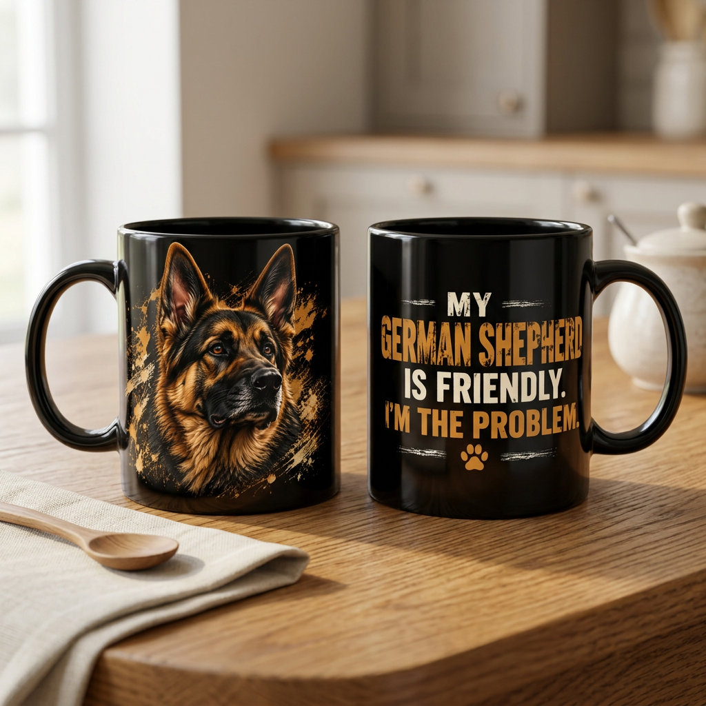 Black German Shepherd coffee mug shown from two sides on a coffee table.