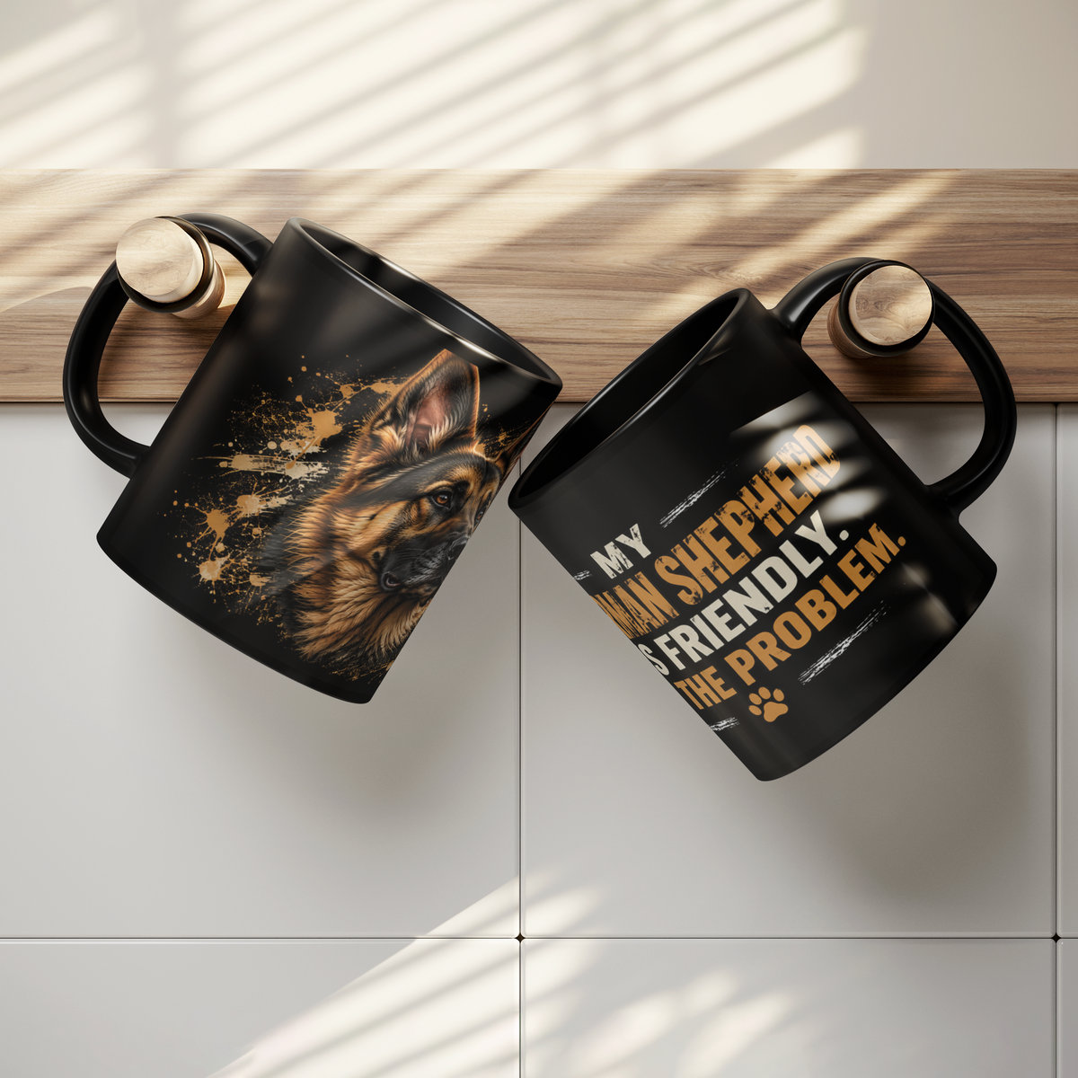 Black German Shepherd mugs hanging from wooden pegs, showing the dog portrait and humorous slogan.