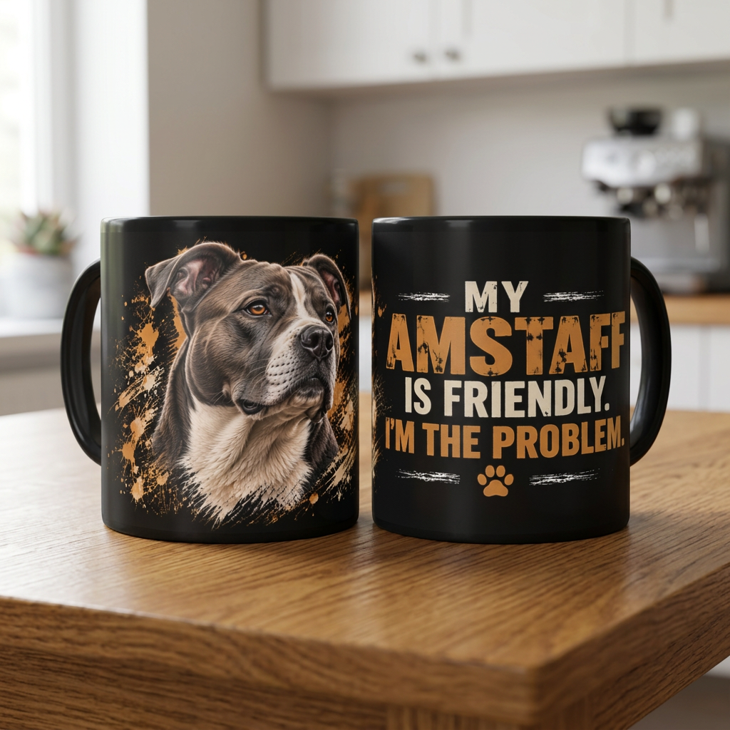 AmStaff coffee mug shown from both sides on a wooden table