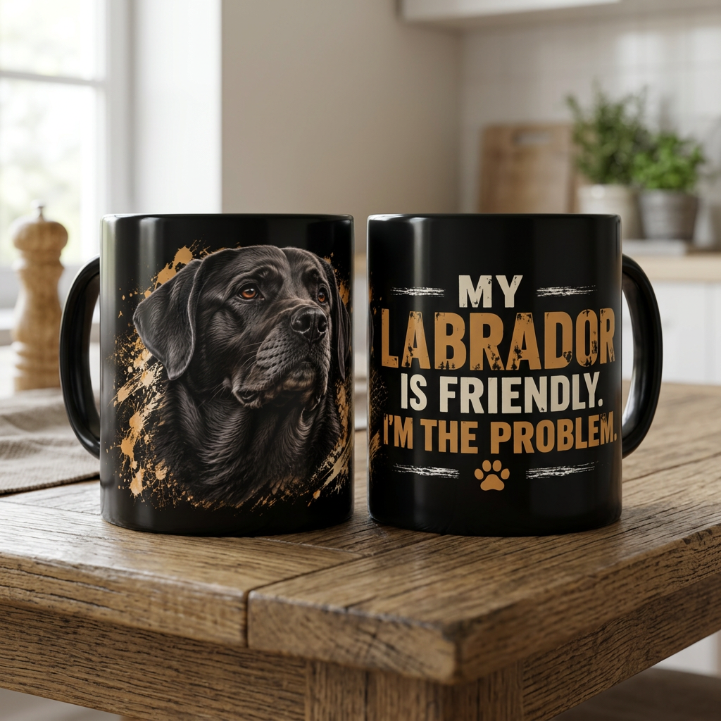 Black Labrador coffee mug on a wooden table