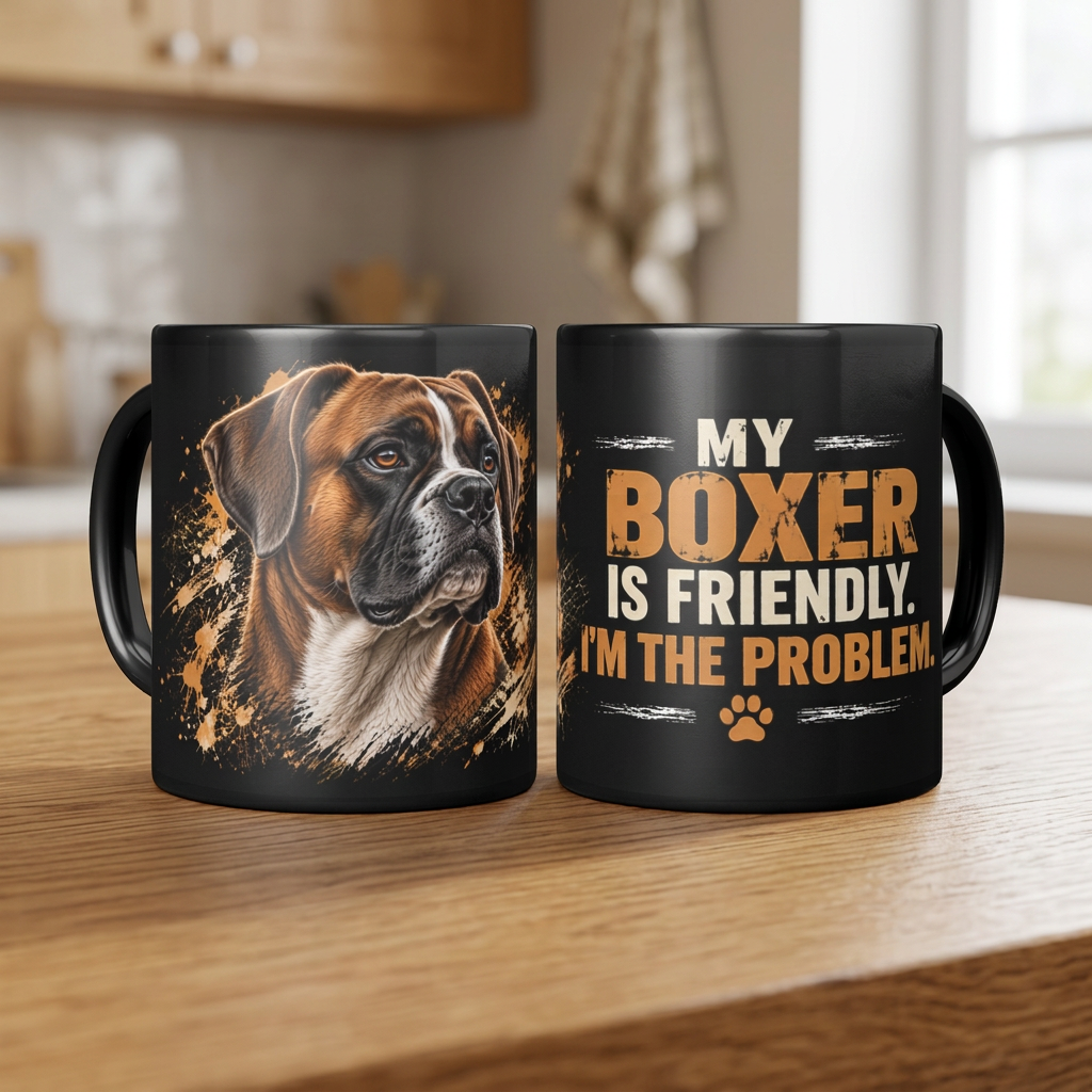 Boxer coffee mug shown from both sides on a wooden table