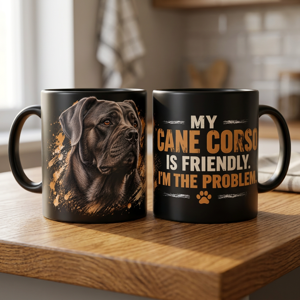 Cane Corso coffee mug shown from both sides on a wooden table