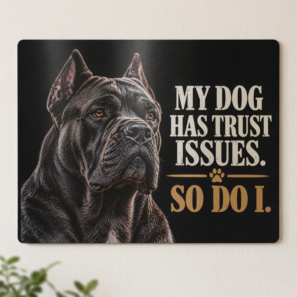 Cane Corso -kyltti vaalealla seinällä