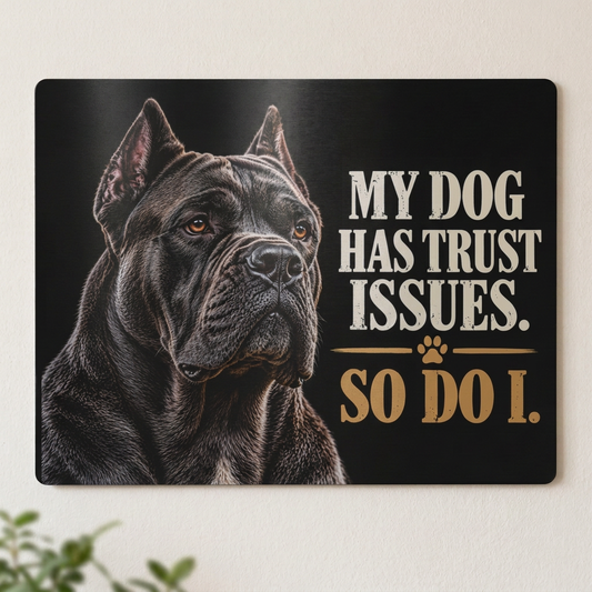 Cane Corso -kyltti vaalealla seinällä