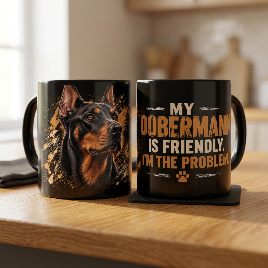 Doberman coffee mug shown from both sides on a wooden table