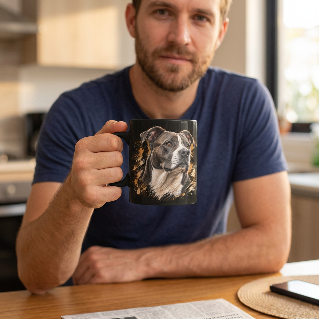 Man holding a black AmStaff coffee mug