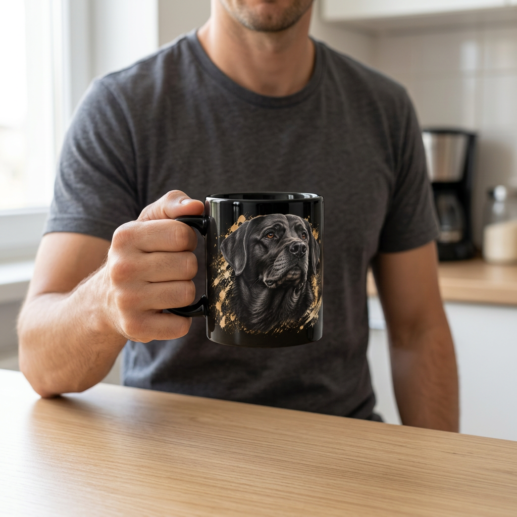 Man holding a black Labrador coffee mug