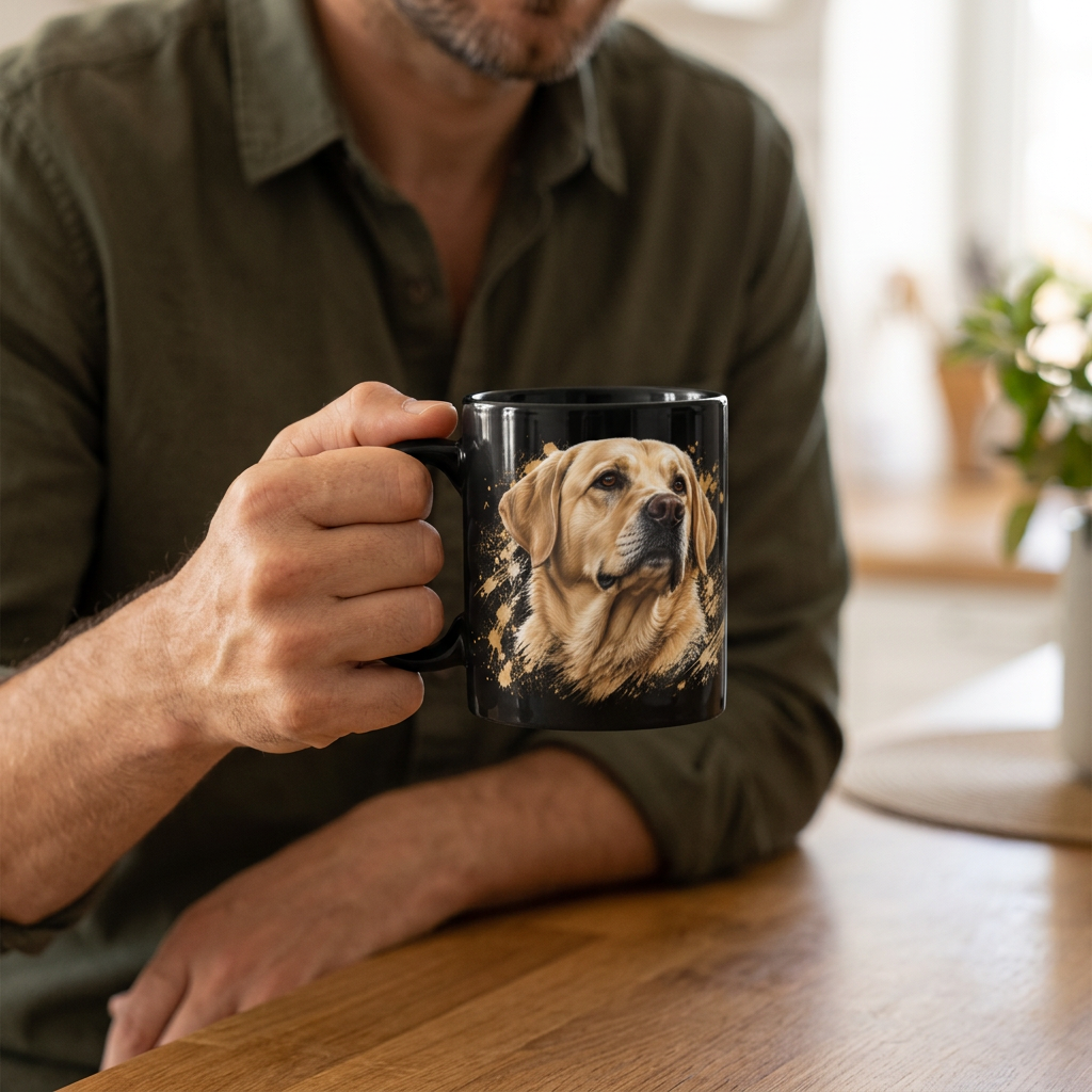 Man holding a black yellow Labrador coffee mug