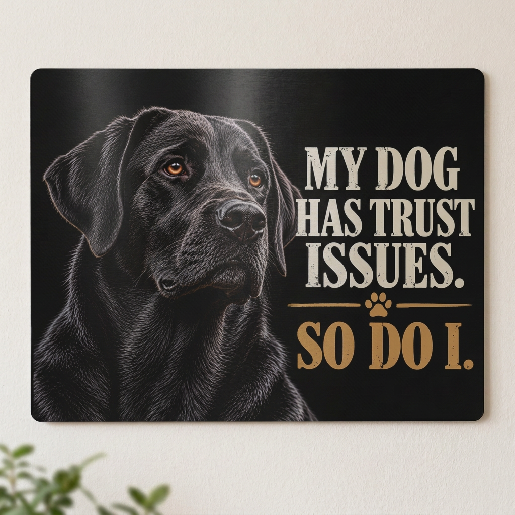 Mustan labradorin kyltti vaalealla seinällä