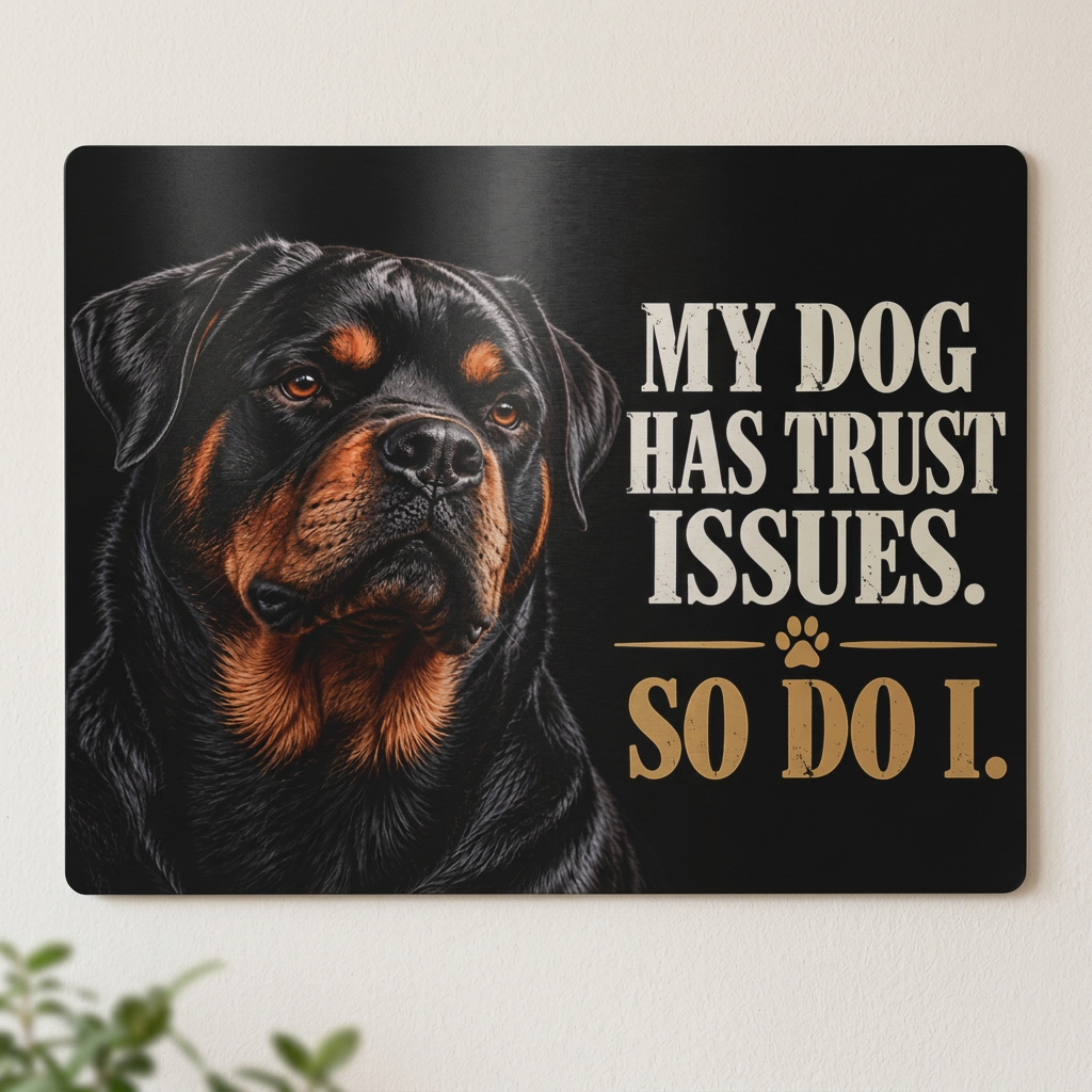 Rottweiler-kyltti vaalealla seinällä kasvinlehtien vieressä