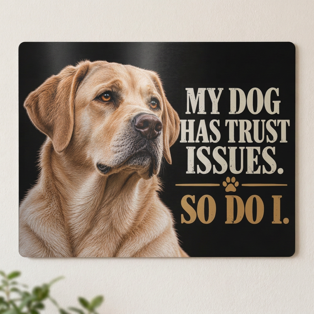 Vaalean labradorin kyltti vaalealla seinällä