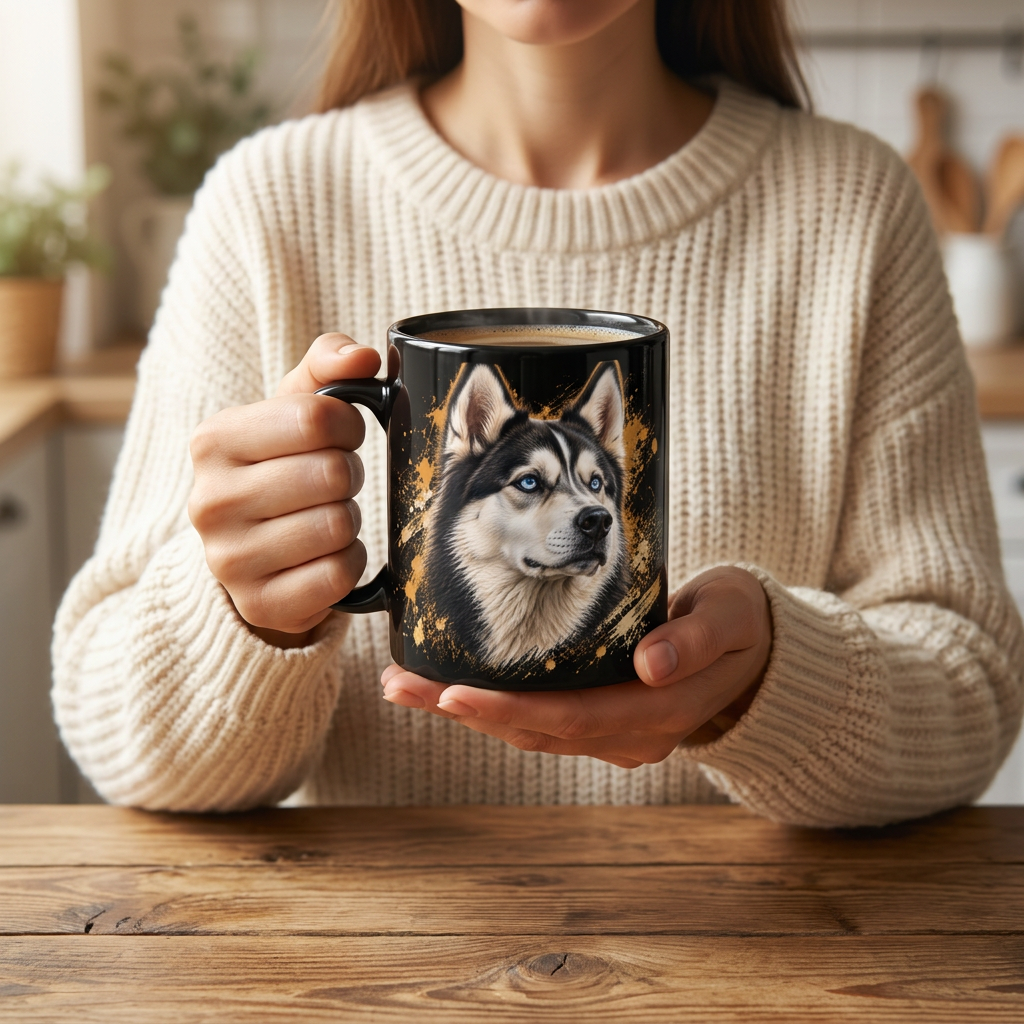 Woman holding a black Husky coffee mug
