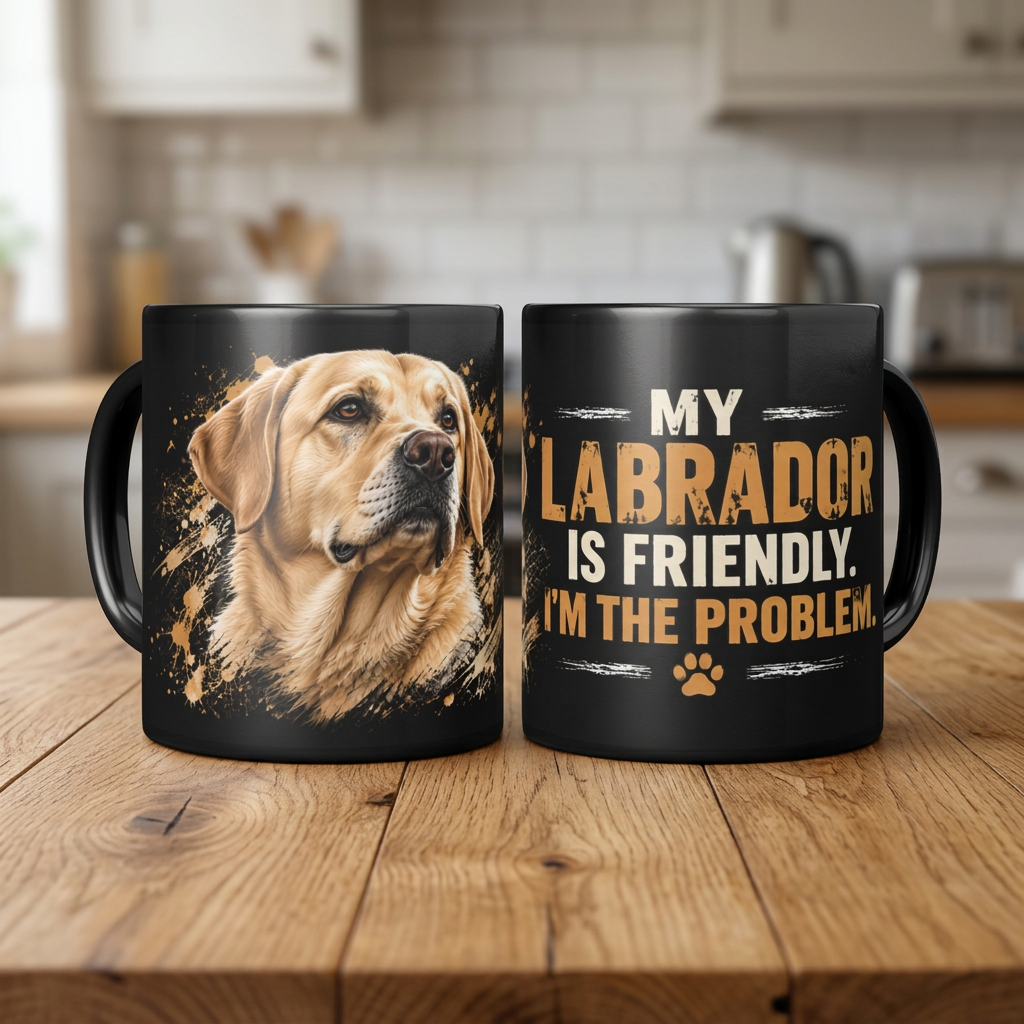 Yellow Labrador mug on a wooden table, revised mockup
